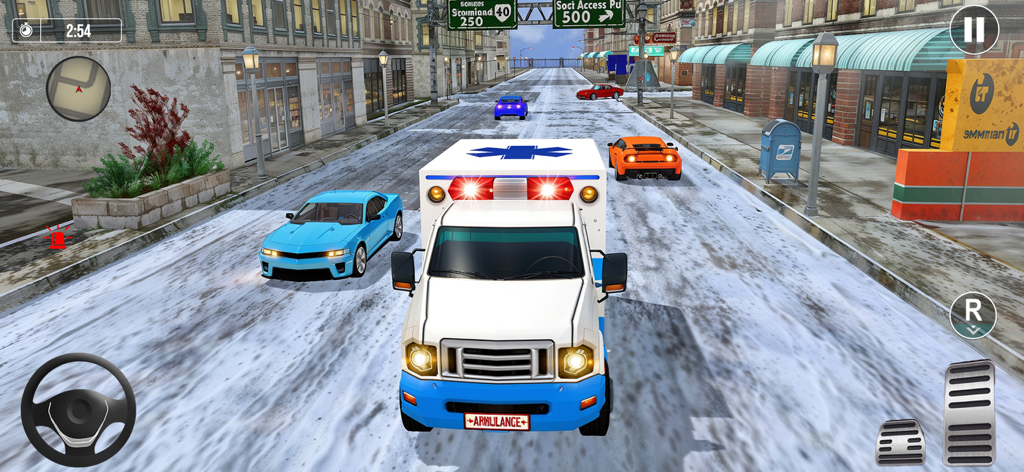 An ambulance driving through snowy city streets in a 3D simulation game