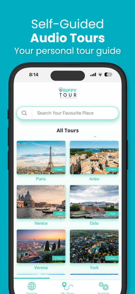 Trippy Tour Guide - Trippy Tour Guide mobile app screen displaying a selection of self-guided city tours including Paris and Venice