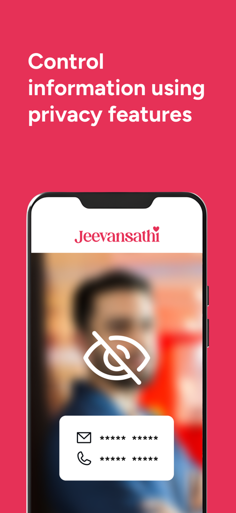 Jeevansathi app screen showing privacy features with hidden contact details and profile picture protection