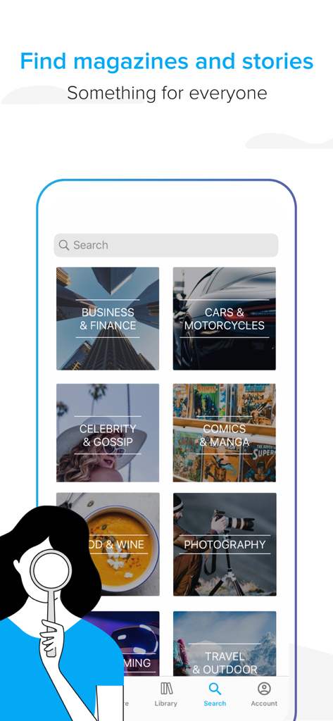 ZINIO - Magazine Newsstand - Zinioアプリの検索画面。ビジネス、写真、旅行などのマガジンカテゴリが表示されています。