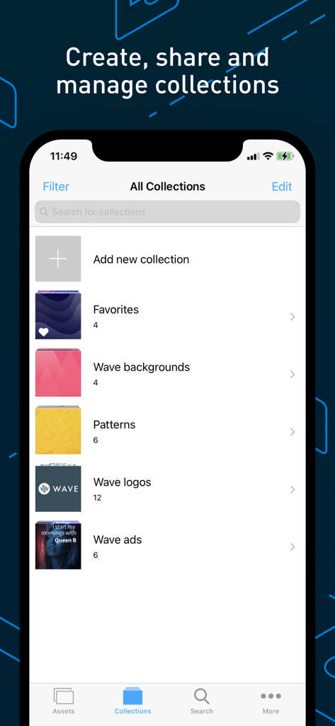 Bynder - Bynder mobile app interface showing organized marketing collections including logos backgrounds and ad assets
