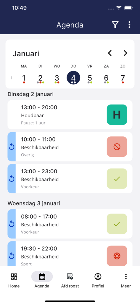 PMT - PMT-App-Agenda-Ansicht mit Arbeitsplänen und Verfügbarkeitsstatus von Mitarbeitern