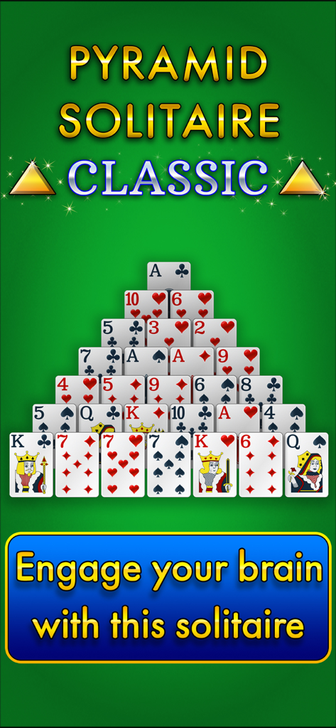 Una piramide di carte da gioco su uno sfondo verde nell'interfaccia di gioco di Pyramid Solitaire Classic