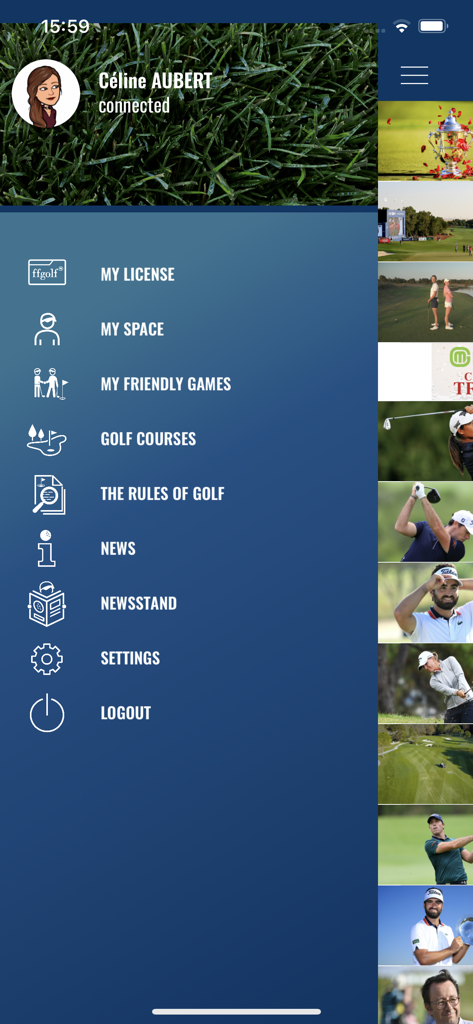 ffgolf - Side navigation menu of the ffgolf mobile application
