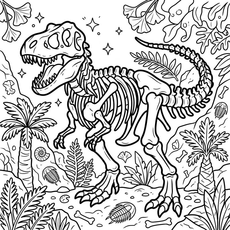 Embark on a thrilling journey to the prehistoric era with this intricate Tyrannosaurus Rex skeleton coloring page. Bring the king of dinosaurs back to life with your vibrant imagination.