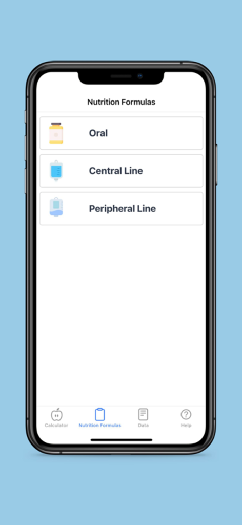 Screenshot of the Nutri-Calculator app showing the Nutrition Formulas menu with options for Oral Central Line and Peripheral Line