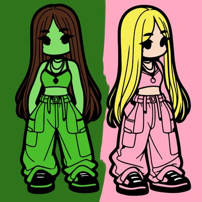 girl in baggy pants crop top and long hair