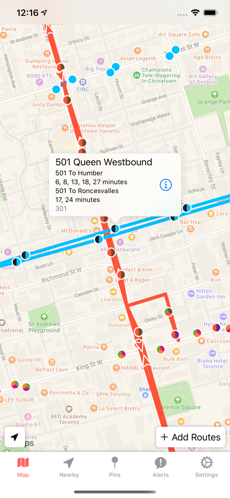 TTC Watch for Toronto app map interface showing real-time streetcar arrival predictions for Queen Street West