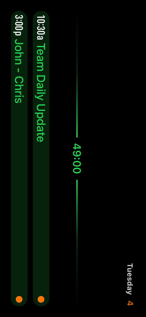 Apple Watch Bildschirm mit geplanten Kalenderereignissen und einem Countdown-Timer in grüner Schrift