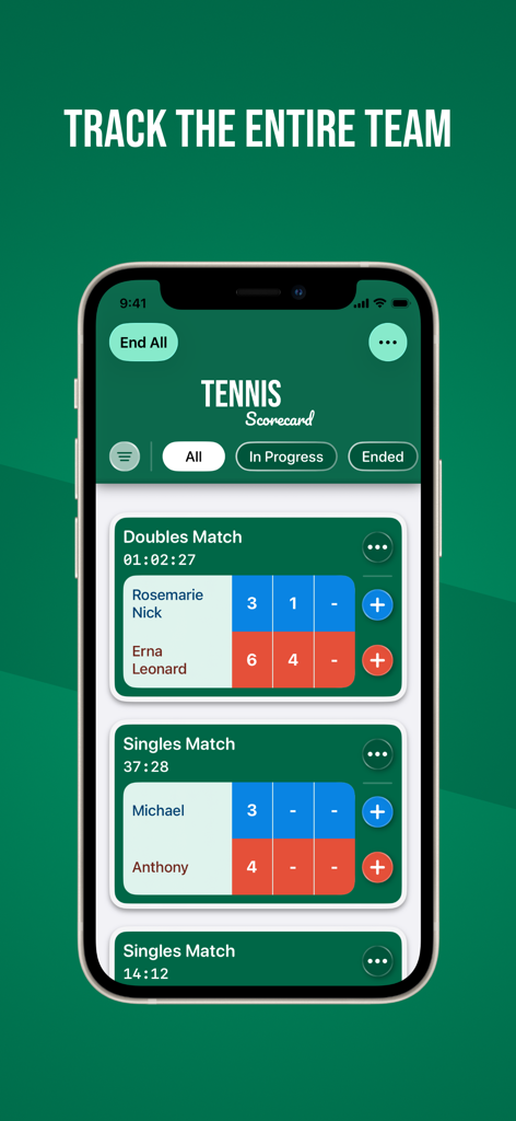 Tennis Scorecard App - Screenshot des iPhones der Tennis Scorecard App zeigt mehrere Live-Einzel- und Doppelspiele mit aktiven Spielständen und Timern.