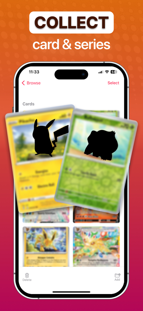Card Value Scanner TCG Pocket - A mobile app interface displaying a digital collection of trading cards with a headline reading Collect card and series.