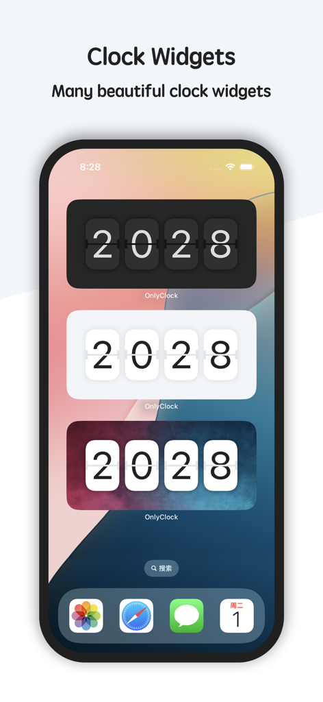 Flip clock & clock widget - A collection of minimalist flip clock widgets displayed on an iPhone home screen.