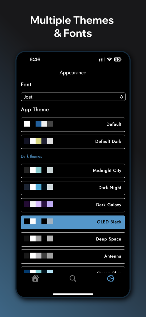 rdx for Reddit - rdx for reddit app appearance settings with multiple dark theme and font options