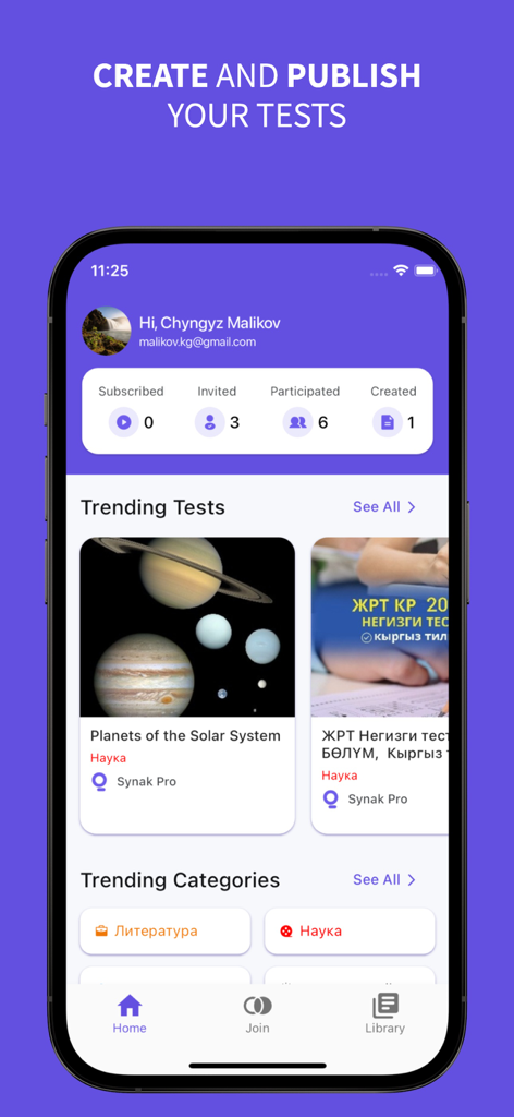Synak Pro mobile app home dashboard displaying trending tests and user stats