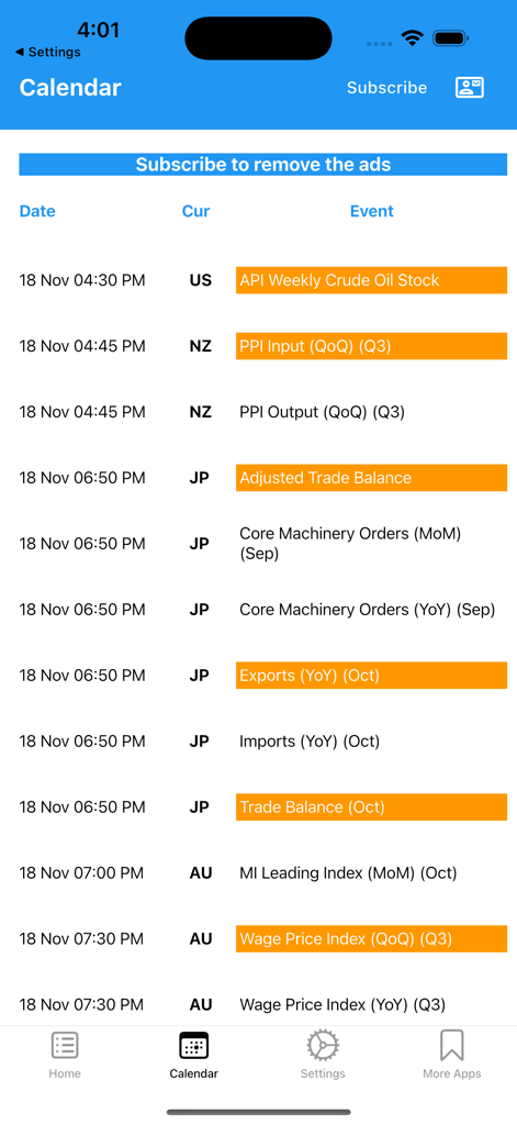 Calendário econômico no aplicativo Easy Forex Hours mostrando os próximos eventos e notícias financeiras globais