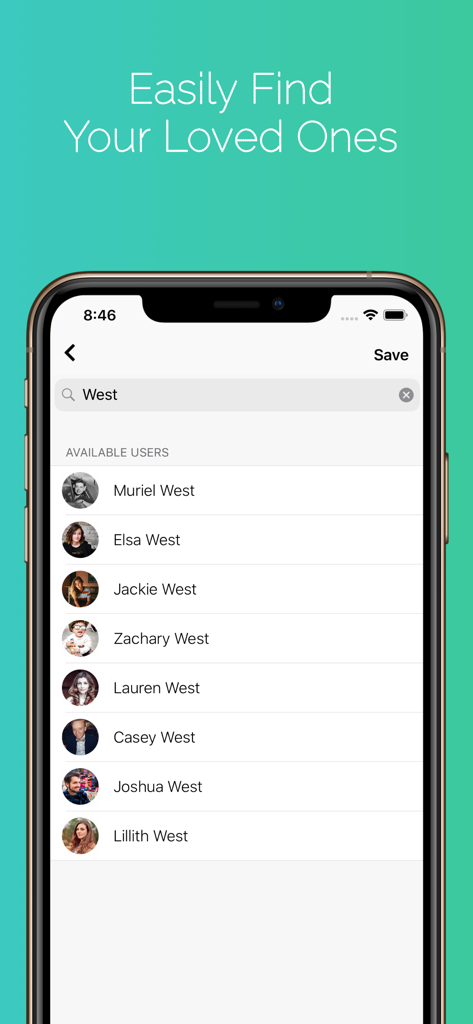 Remember Me: Memory Books - Captura de pantalla de la aplicación Remember Me que muestra una lista de búsqueda de miembros de la familia bajo el encabezado Encuentra fácilmente a tus seres queridos