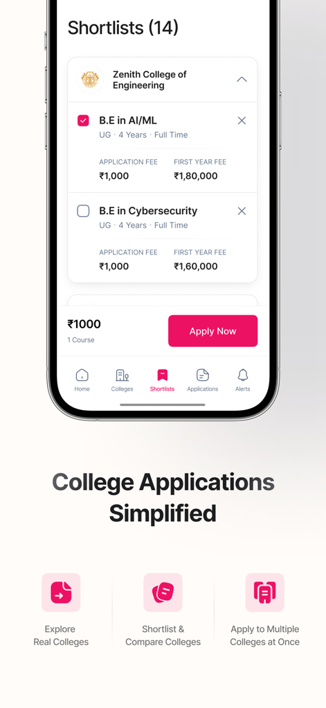 Appli - College Applications - Appliアプリからのモバイル画面。工学コースのショートリスト、出願手数料、および「今すぐ申し込む」ボタンが表示されています。