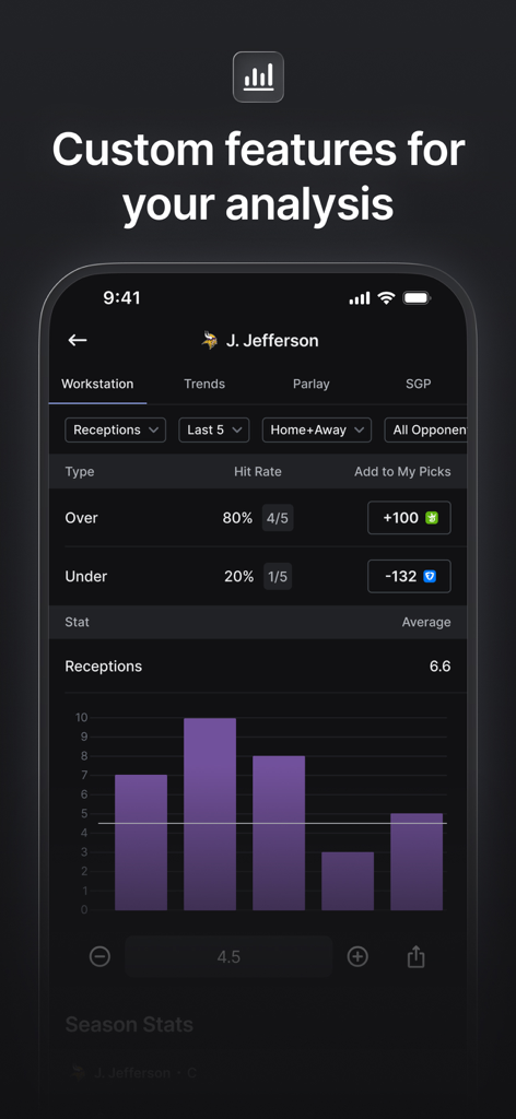Linemate app custom analysis workstation showing player stats hit rates and performance charts