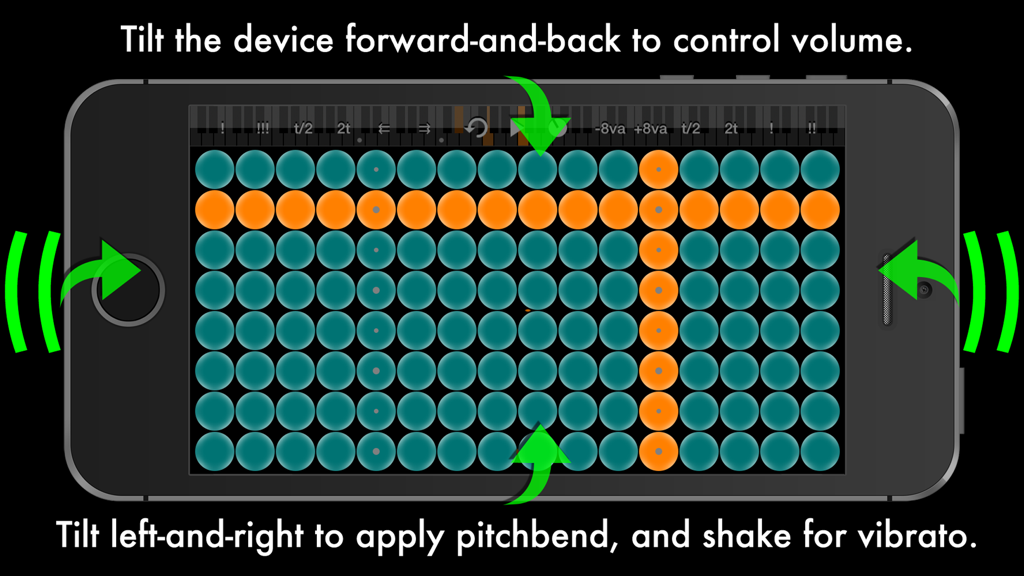 Arpeggionome for iPhone | matrix arpeggiator - Arpeggionome app interface showing tilt and shake gesture controls for volume and pitchbend on a matrix of pulsing circles.