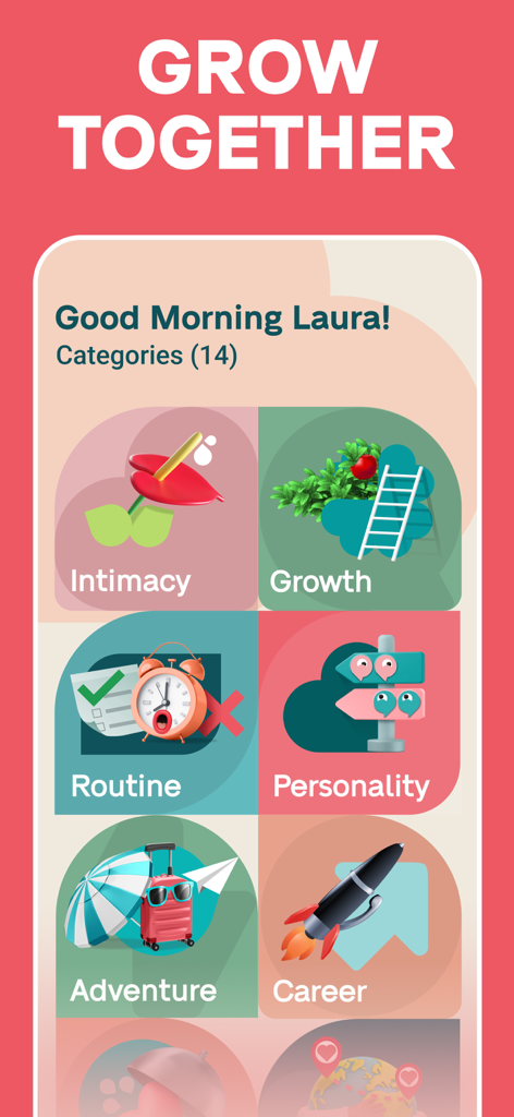 JustUs: Couples & Relationship - Screenshot of the JustUs app interface showing relationship categories like Intimacy, Growth, Routine, and Personality for couples to explore.