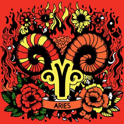 detailed aries in bold font and flowers with fire behind the