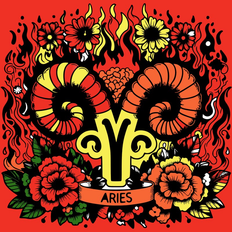 detailed aries in bold font and flowers with fire behind the