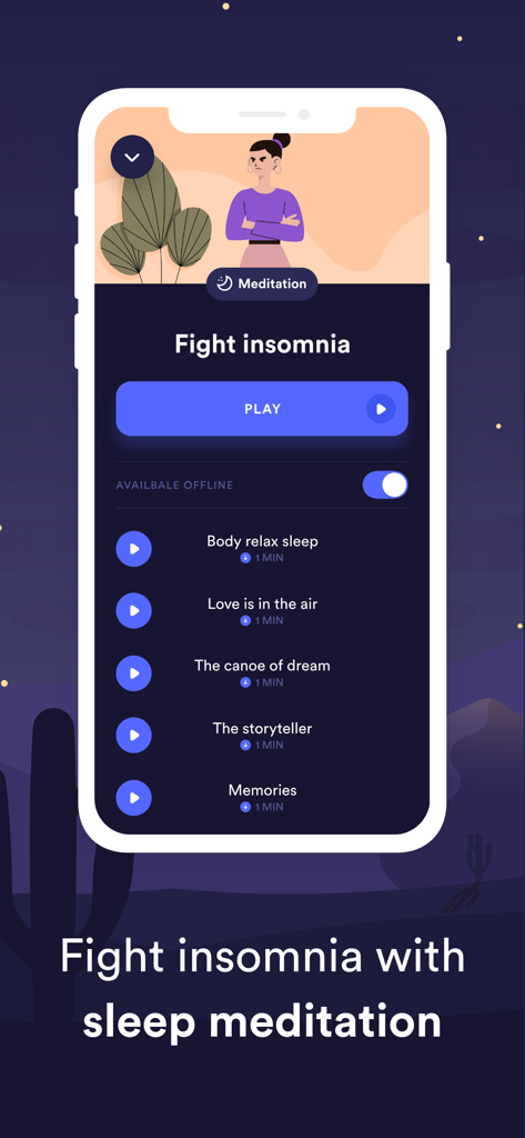 Interface of Sleep Nest app showing a list of sleep meditation sessions to fight insomnia