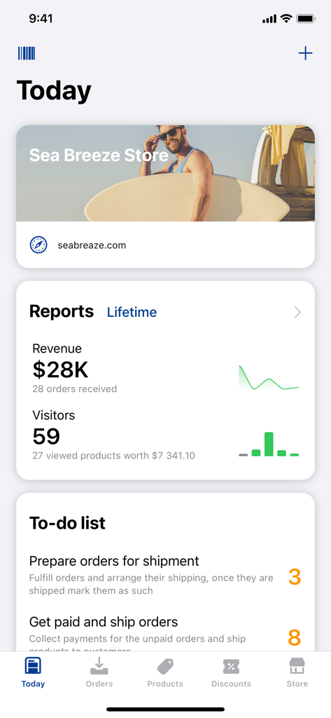 IONOS eCommerce - Panel de la app IONOS eCommerce mostrando informes de ventas y lista de tareas para la gestión de pedidos.