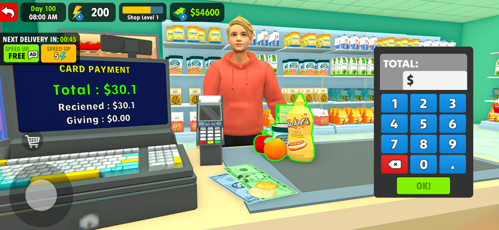 A 3D cashier at a supermarket checkout counter processing a card payment for groceries