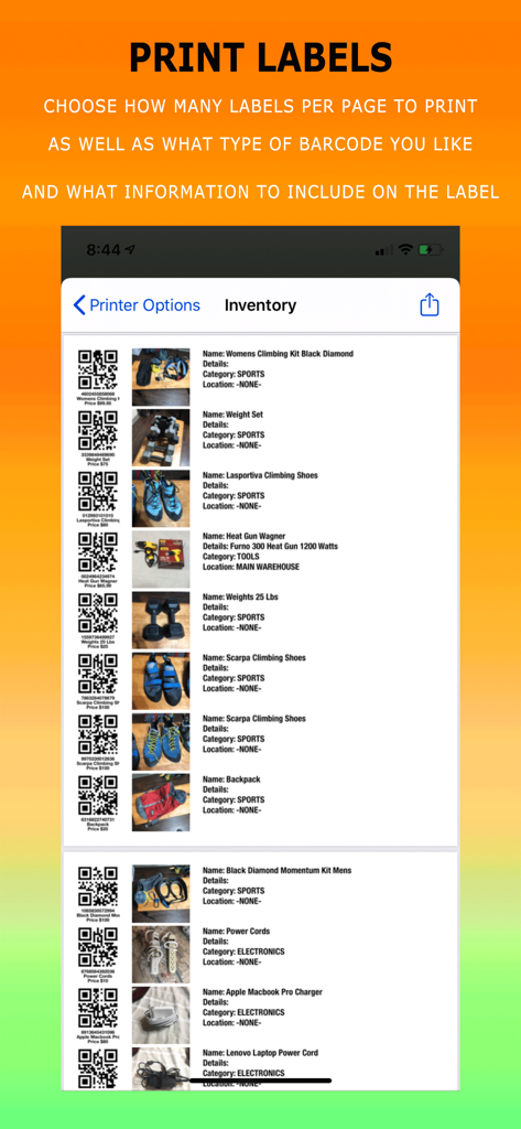 Smarter Inventory - Smarter Inventory app screen for printing custom barcode labels with product images