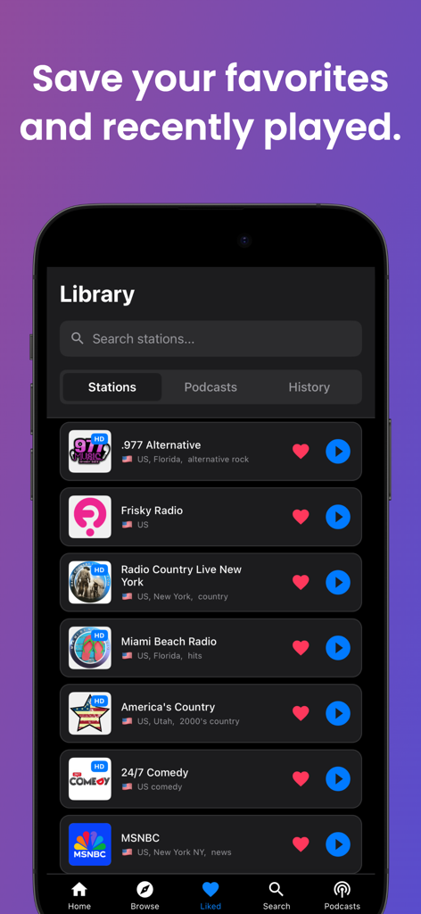 Radio App: Stations & Podcasts - User library in the Radio App displaying favorited stations and recently played audio.