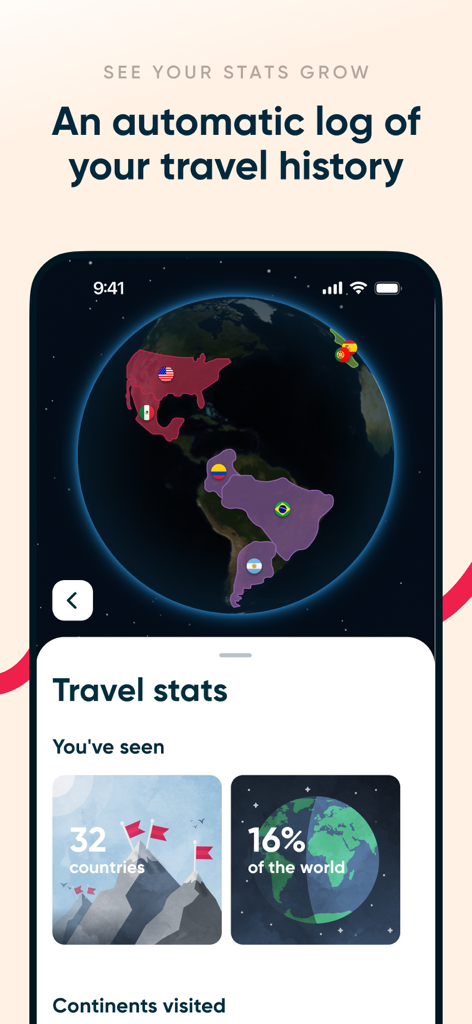 Polarsteps app interface showing travel stats with a 3D globe and highlighted countries visited