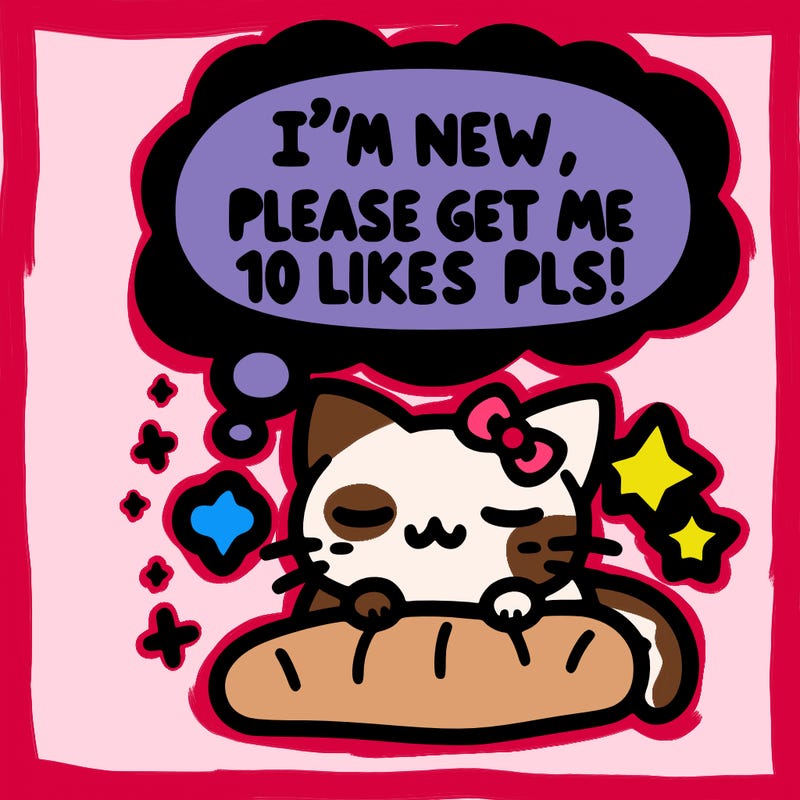 kitty taking a nap dream talking and saying "i'm new, please get me at least 10 likes pls!!"