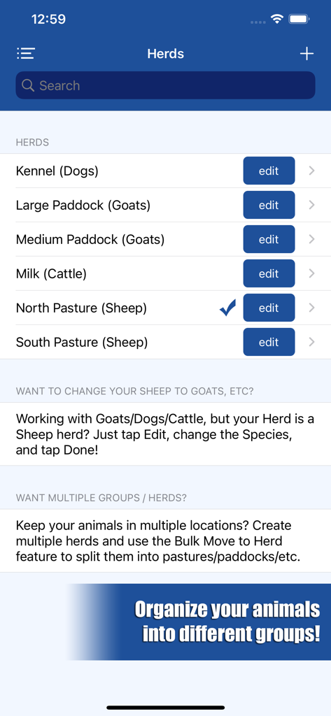 HerdBoss - HerdBoss app screen showing a list of animal groups organized by species including dogs goats cattle and sheep