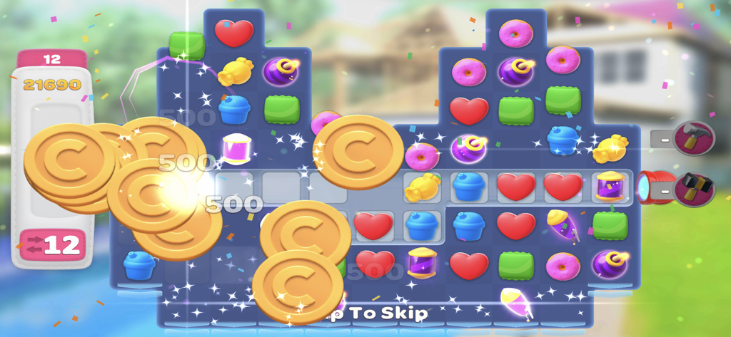 Home Decor - Interior Design - A match 3 puzzle screen with colorful items and large gold coins flying as rewards