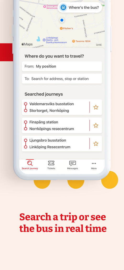 Östgötatrafiken - El planificador de viajes de la aplicación Ostgotatrafiken que muestra la interfaz de búsqueda de mapas y seguimiento de autobuses en tiempo real.