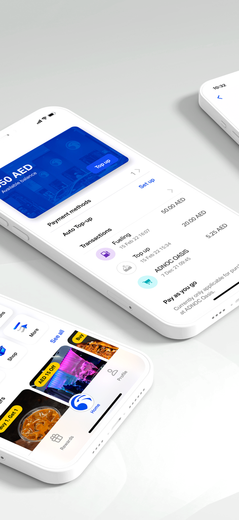 Interfaccia dell'app mobile di ADNOC Dist che mostra il saldo del wallet e le offerte premio su display iPhone