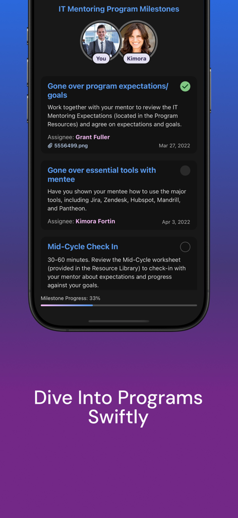 MentorcliQ - MentorcliQ app interface displaying IT mentoring program milestones and a progress bar
