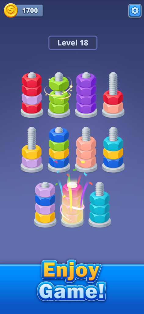 Nuts Factory: Sort Puzzle - Captura de pantalla de la jugabilidad de Nuts Factory Sort Puzzle que muestra mecánicas de clasificación de colores con tuercas y tornillos.