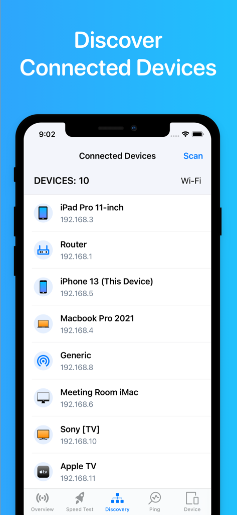 スマートフォンやコンピューターなど、ローカルwifiネットワークに接続されているデバイスのリストを表示するアプリ画面