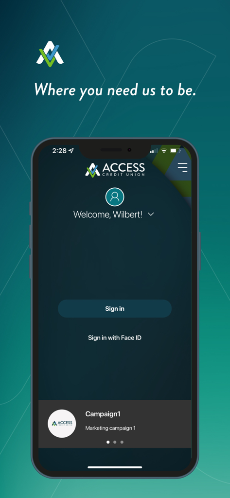 Access CU - Login screen of the Access CU mobile banking app featuring a sign in button and Face ID option.