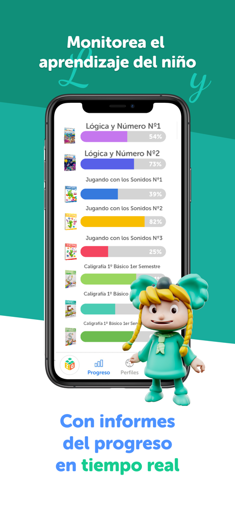 PleIQ - Caligrafía Interactiva - Interfaz de la aplicación educativa que muestra informes de progreso para lecciones de caligrafía y lógica con gráficos coloridos y un personaje de dibujos animados