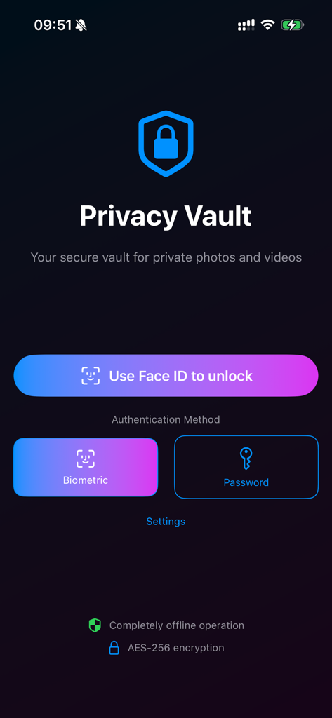 PrivacyVault + No Ads - Privacy Vault login screen showing Face ID and password authentication options