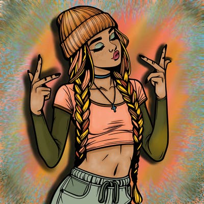 realistic teenage girl with braids and a beanie and crop top doing 🫶🏼