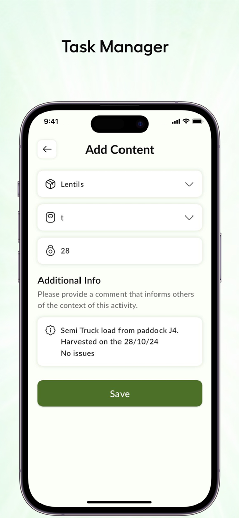 FarmTrak - FarmTrak app Task Manager screen for logging grain harvest and inventory levels