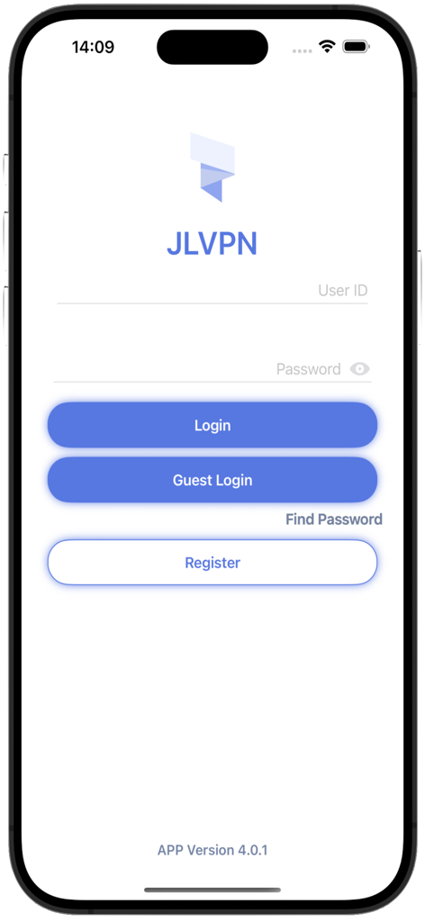 JLVPN. - Pantalla de inicio de sesión para la aplicación JLVPN que muestra los campos de ID de usuario y contraseña con opciones de inicio de sesión y registro
