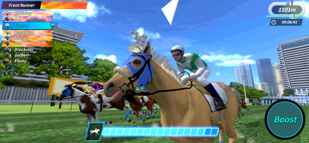 Derby Life - Realistic 3D horse racing scene in Derby Life featuring jockeys on horses competing on a green turf track with city buildings in the background