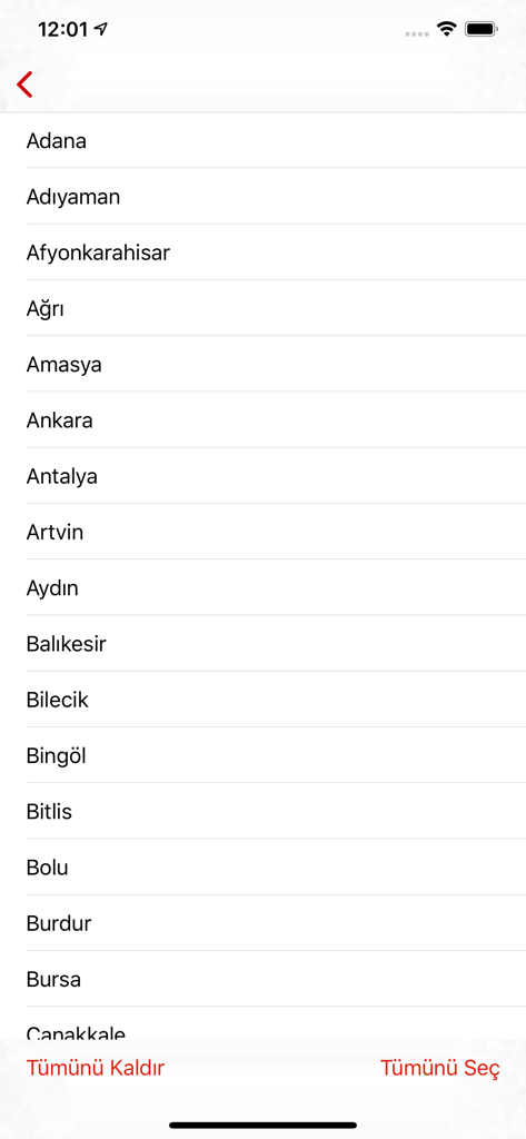 eAfad - A mobile app screen showing a list of Turkish provinces to select for emergency alerts.