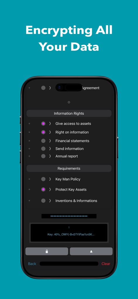 Simulfund * Startup Funding - スタートアップ資金調達のためのデータ暗号化設定と情報権を表示するSimulfundアプリの画面