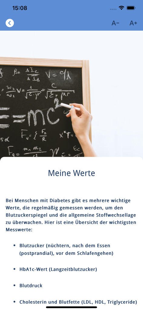 SugarSmart - Information screen in the SugarSmart app about monitoring important diabetes health values like blood sugar and HbA1c.